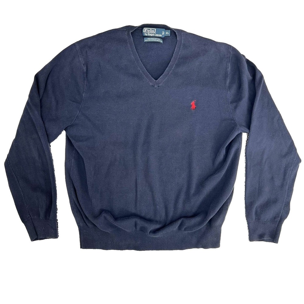 Polo Ralph Lauren Mens XL Navy Pima Cotton V Neck‎ Sweater Pony Logo Preppy